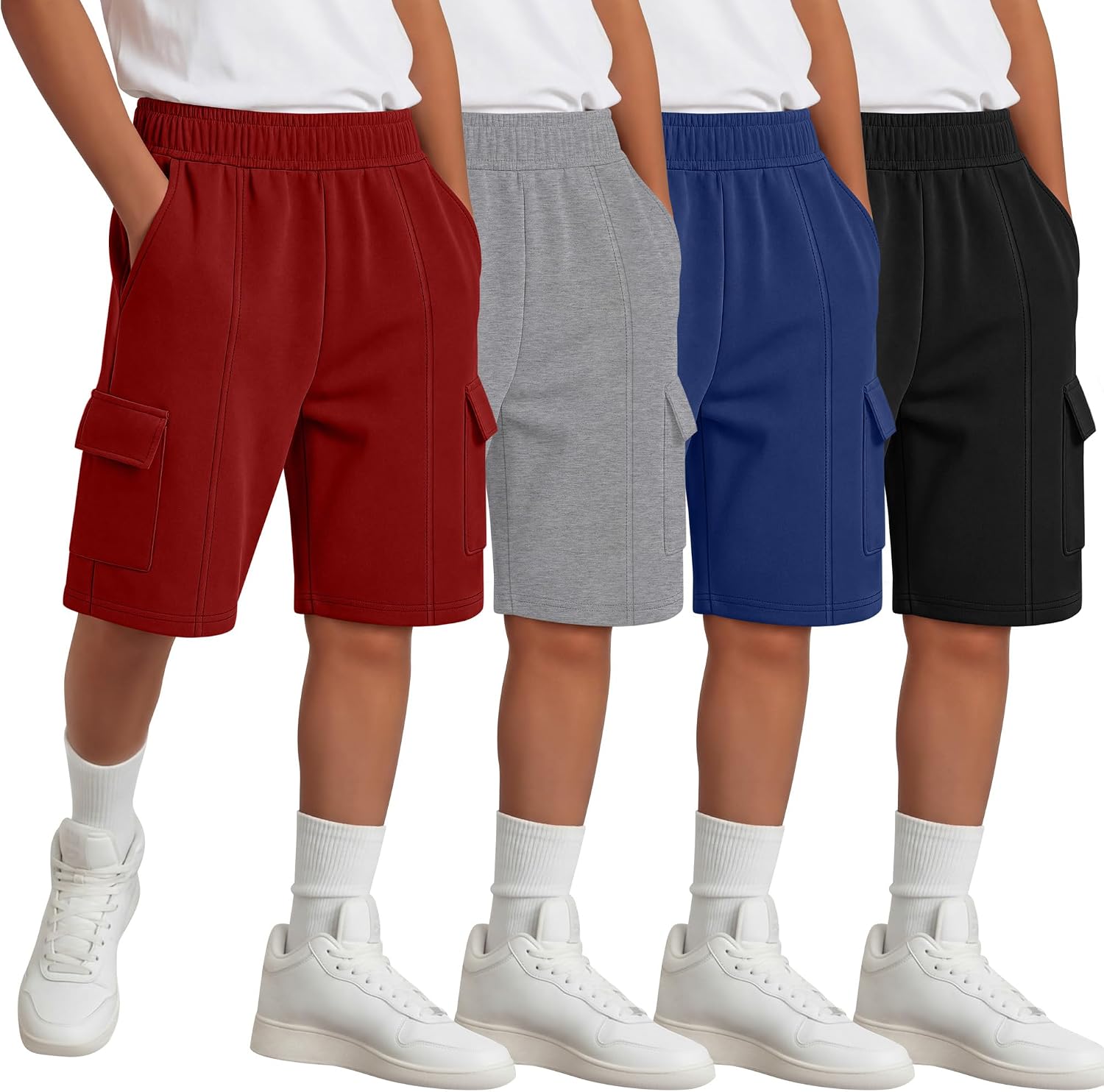 Yooo's Vivi 4 Pack Boys Cargo Shorts Athletic Bermuda Sweat Shorts Elastic Waist Wide Leg Baggy Summer Youth Pockets 6-16Y
