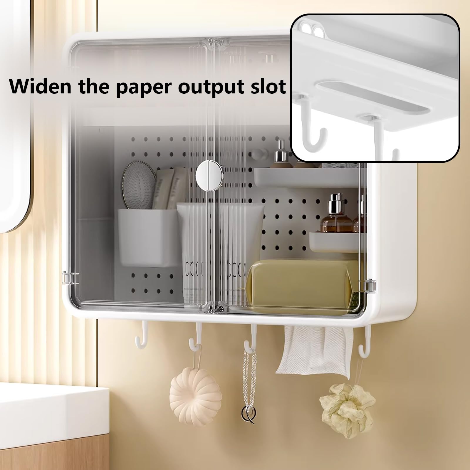 Armario de Baño con Espejo Material Plástico Armario Pared Colgante Baño Dispensador de Papel Inferior con Ganchos Ideal para Baños, Salones y Cocinas(D)