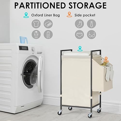 Miniatura 3 de Cesta de lavandería con tapa marrón rústico y ruedas cesta grande de lavandería con ruedas de 96L con bolsa de forro Oxford extraíble canasta alta