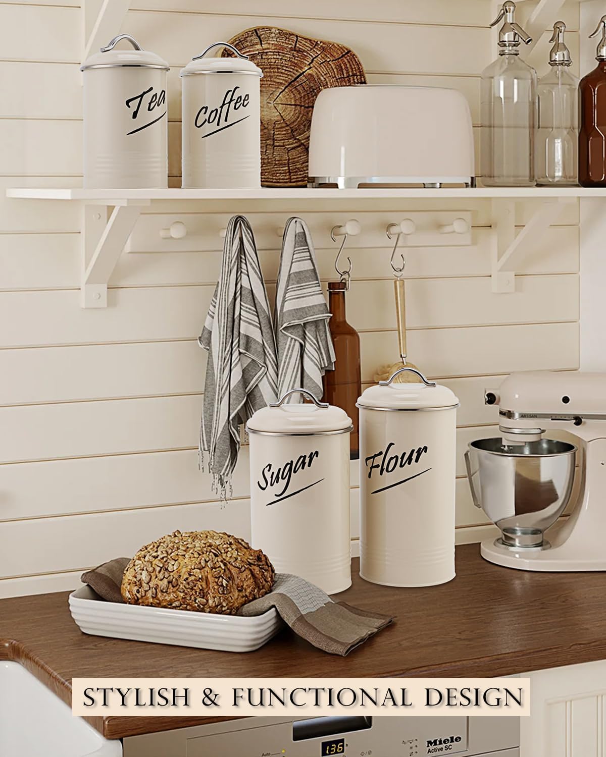 Hillbond Canister Sets Ivory Food Storage Canisters Containers: Carbon Steel with Powder Coated Decorative Storage Jars Set of 4 (Ivory)