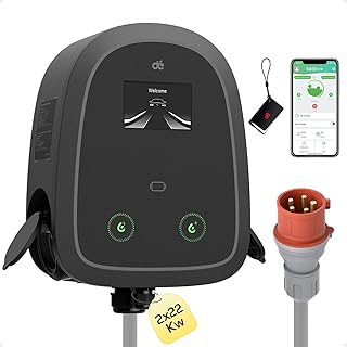 dé Duo Wallbox 2×22kW [2×32A, 3-Phasen] Wallbox 22kW mit App mit Dual Typ 2 Steckdose, Ladestation 22kW mit RFID zur Doppelladung, Dual Charger 22kW mit RCD Typ A, IP54 Schutz für BEV/PHEV
