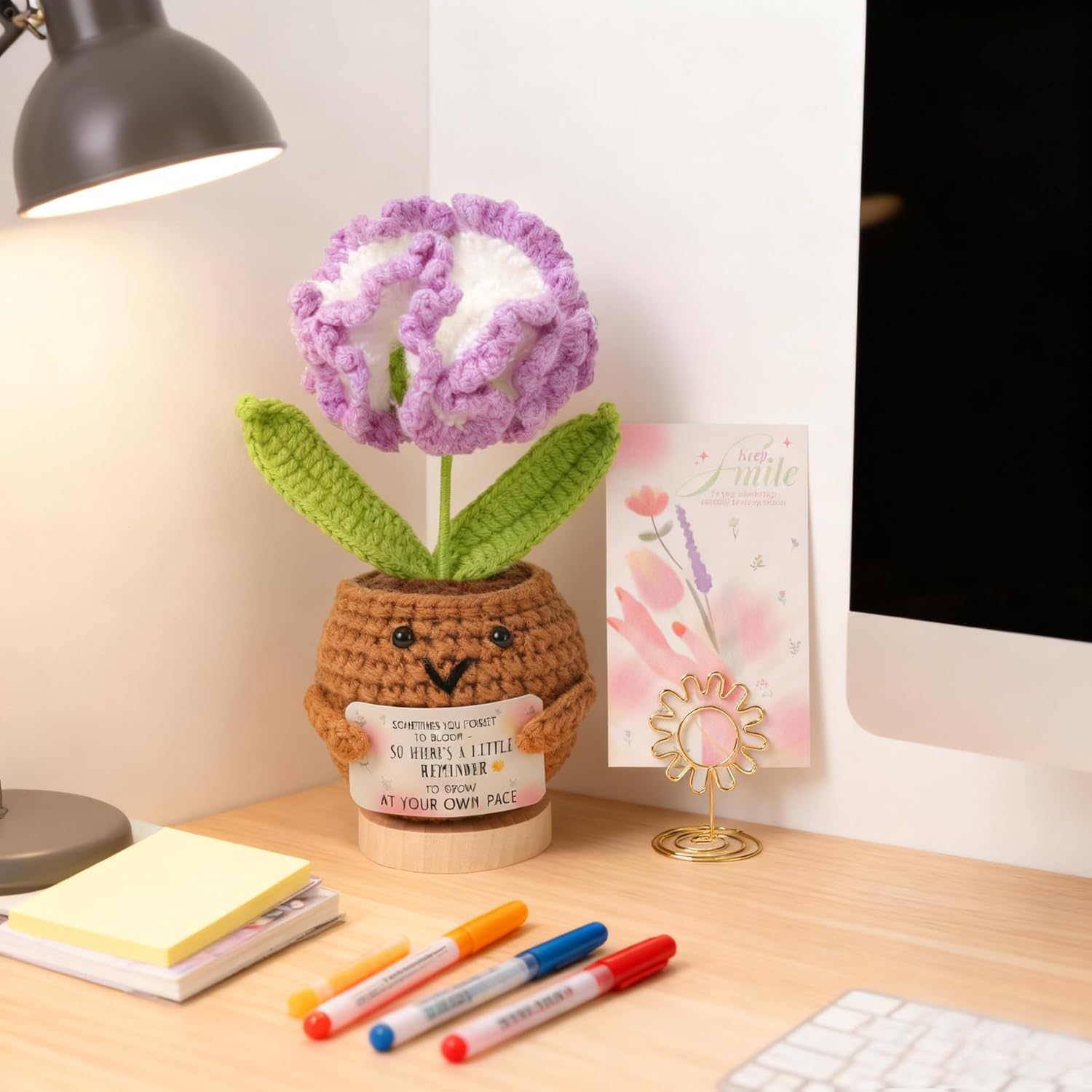 Handmade Positive Purple Carnation Crochet - Inspirational Home Decor with Uplifting Message Card - Gift for Women, Girl,Girlfriend,Lover,Anniversary,Wife - Knitted Tabletop Decor;love mom