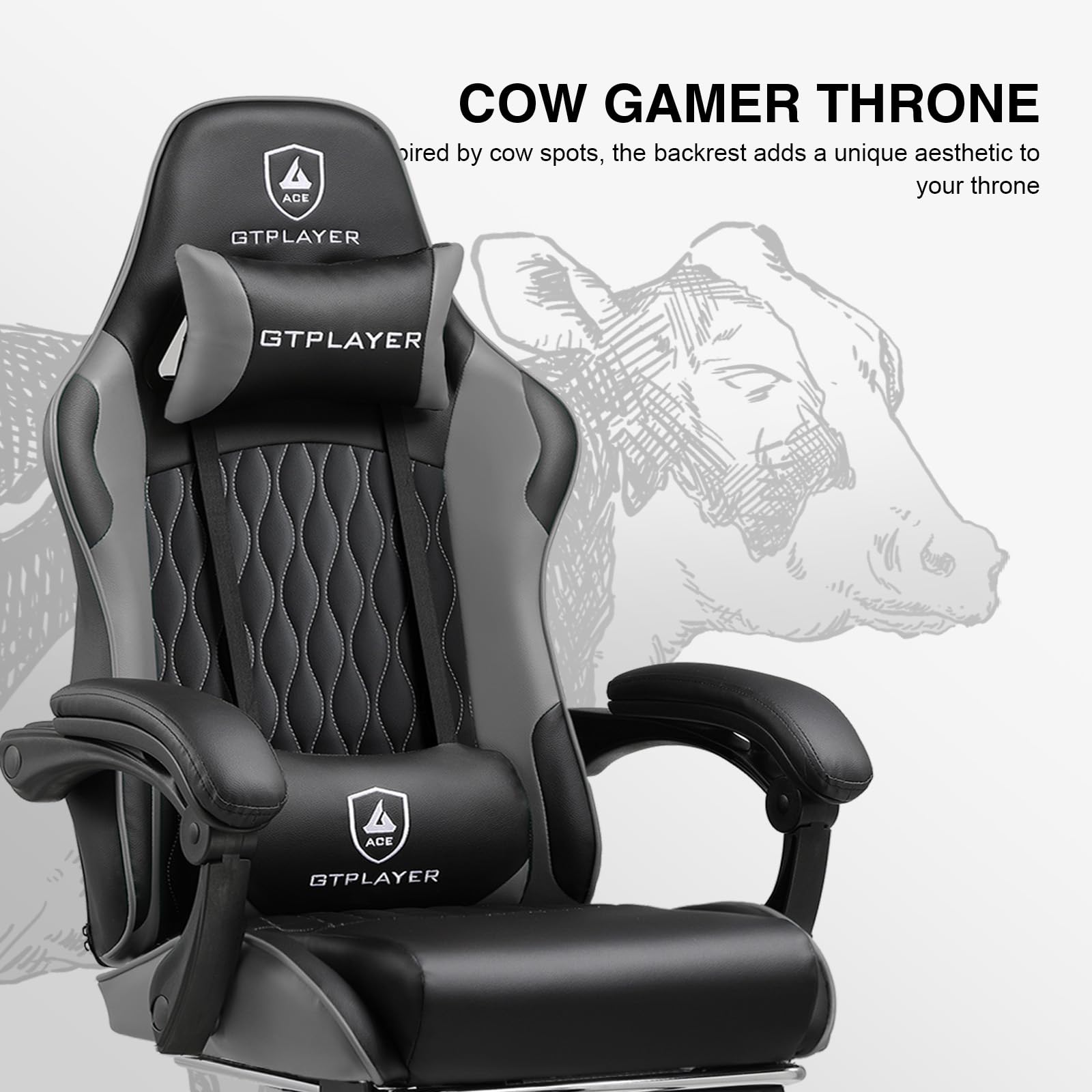 GTPLAYER Sedia Gaming, Sedia Gamer ergonomica con poggiapiedi e seduta a molle, altezza regolabile, poggiatesta e supporto lombare, carico massimo 150 kg, colore: grigio