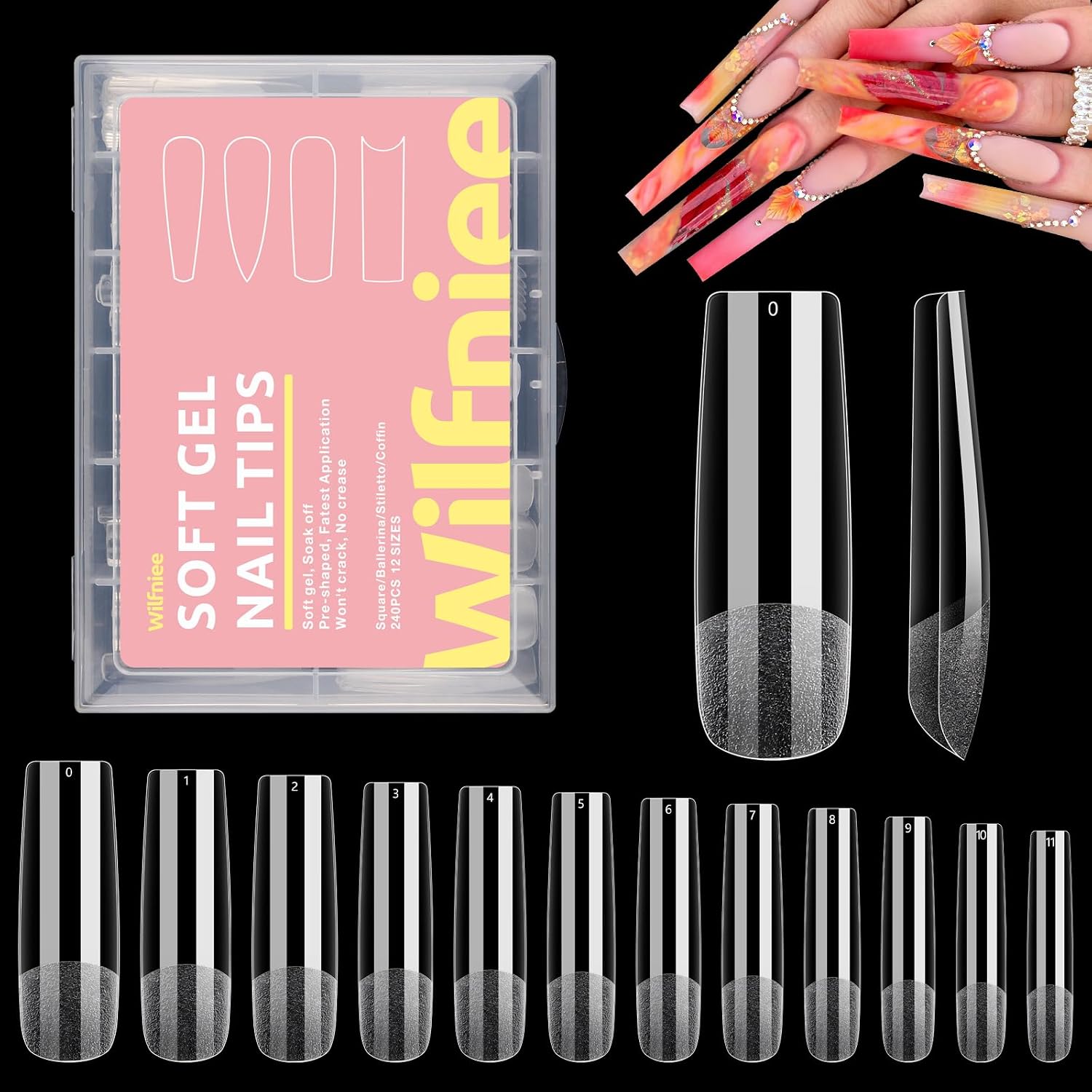 Wilfniee Soft Gel Clear Ballerina Style Square Nail Tips (240 Pack)