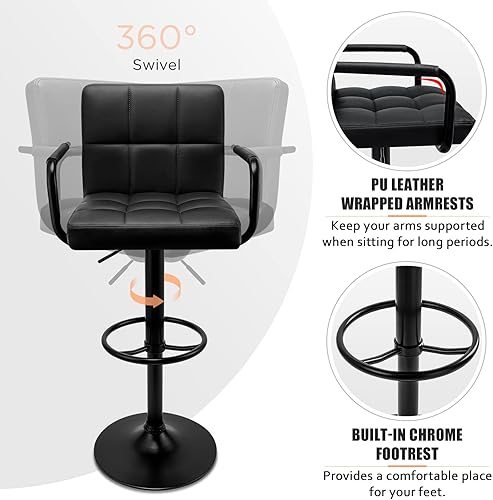 Miniatura 3 de Huracan Juego de 2 taburetes de bar con brazos, taburete de bar negro con respaldo giratorio, taburetes de altura de mostrador, silla de bar