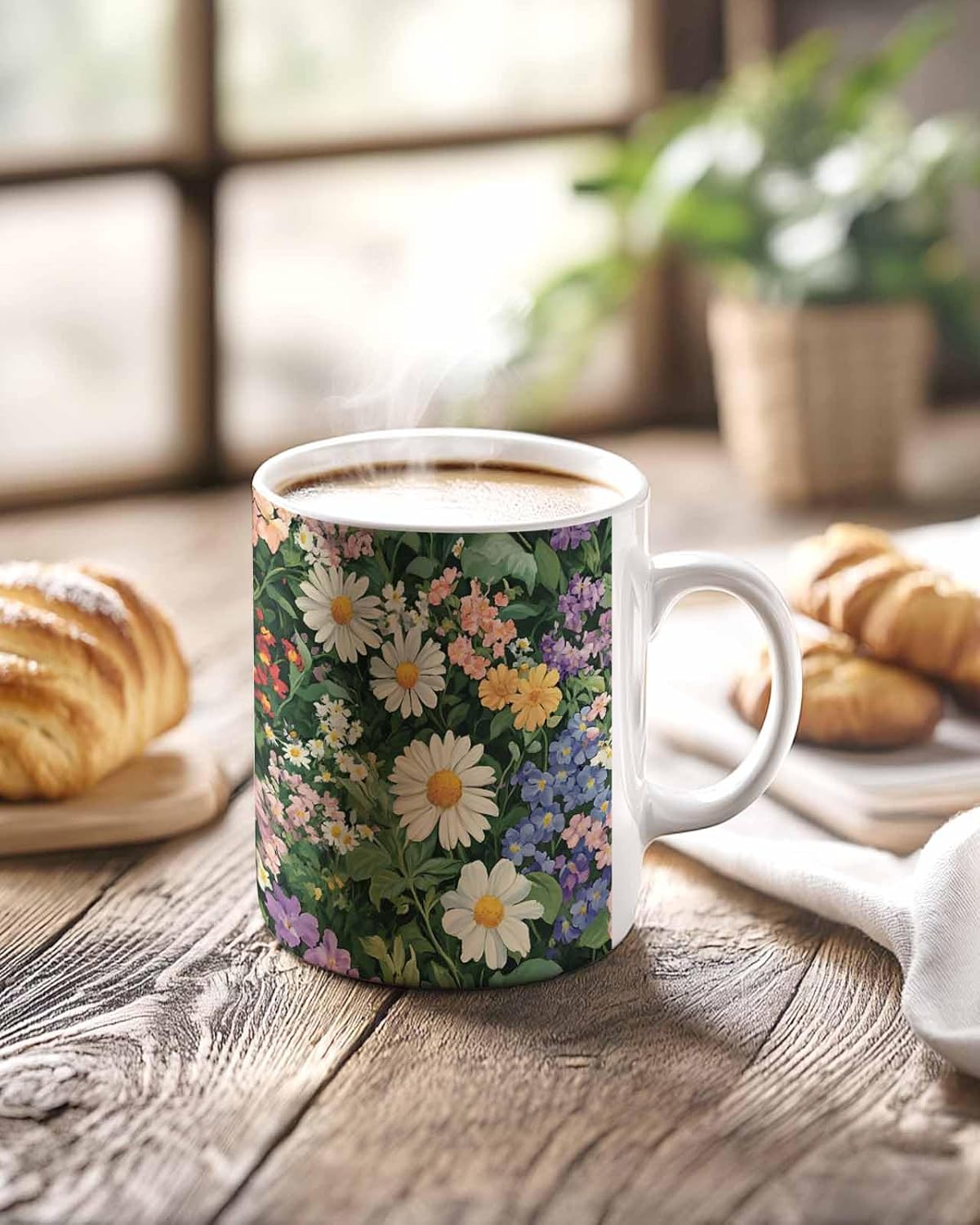 BEMIGO Ceramic Coffee Mug Spring Flowers Ceramic Mug White Cup, Colorful Nature Insulated Coffee Cup with Handle with Pattern Perfect for Tea and Hot Beverages, 12oz