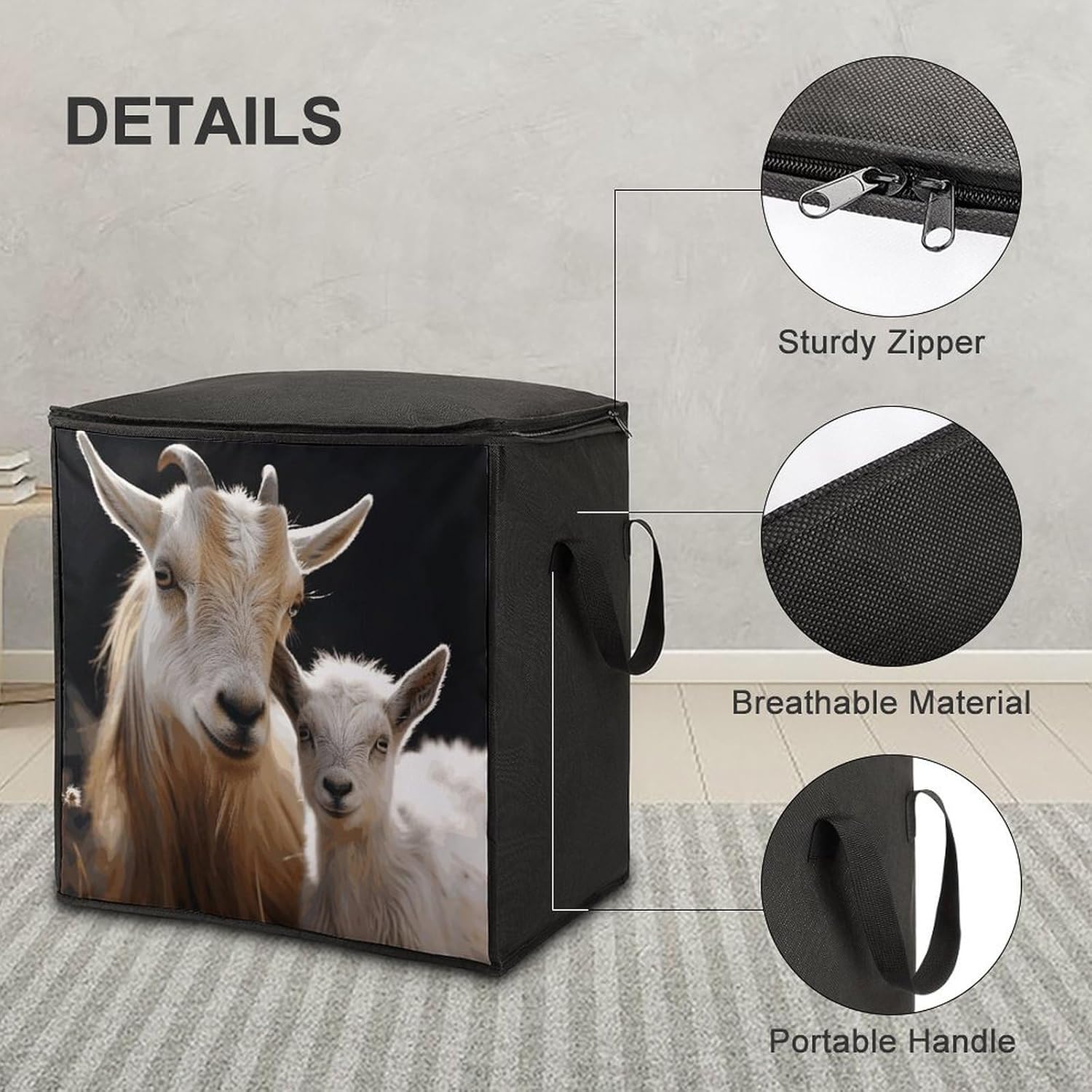 Portable Quilt Storage Bag,Cute Goat Baby with Mother Printed Foldable Wardrobe Storage Box Foldable Storage Bag with Lids And Handle Large Clothing Storage Bag for Comforters Clothes Blankets Pillows