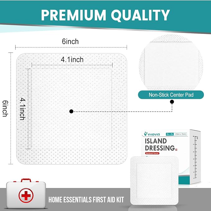 50 unidades de vendas adhesivas para islas de gasa de 6" x 6", gasas individuales, almohadilla no adherente en el centro con borde adhesivo, vendajes para heridas y primeros auxilios miniatura 2