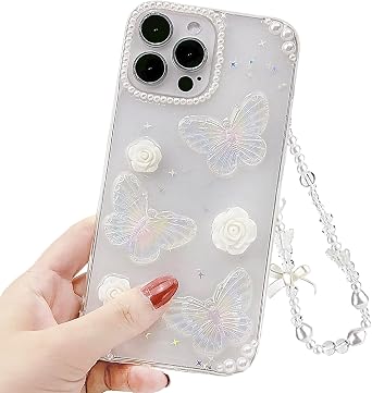 Compatible with Samsung Galaxy S22 5G Clear Case Cute 3D Butterfly Floral Flower Bling Glitter Pearl Crystal Protective Phone Case with Bracelet Chain Design for Girls Women