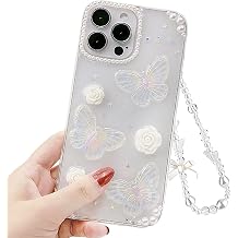 Compatible with Samsung Galaxy A54 5G Clear Case Cute 3D Butterfly Floral Flower Bling Glitter Pearl Crystal Protective Phone Case with Bracelet Chain Design for Girls Women