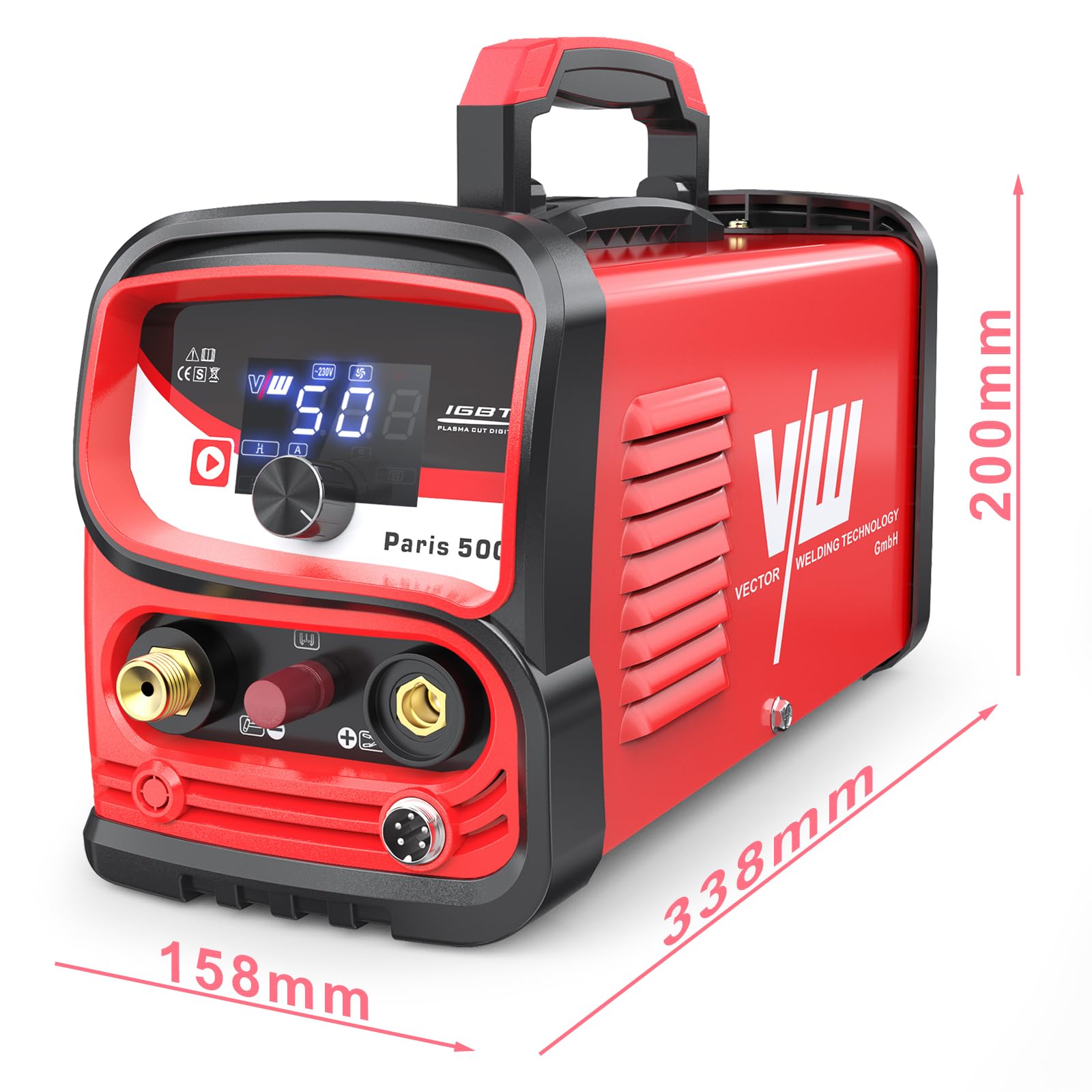 VECTOR WELDING Taglierina al plasma da 50 A, accensione ad alta frequenza con inverter IGBT | accensione pilota senza contatto, protezione da sovraccarico, display digitale, raffreddamento forzato, taglio fino a 12 mm