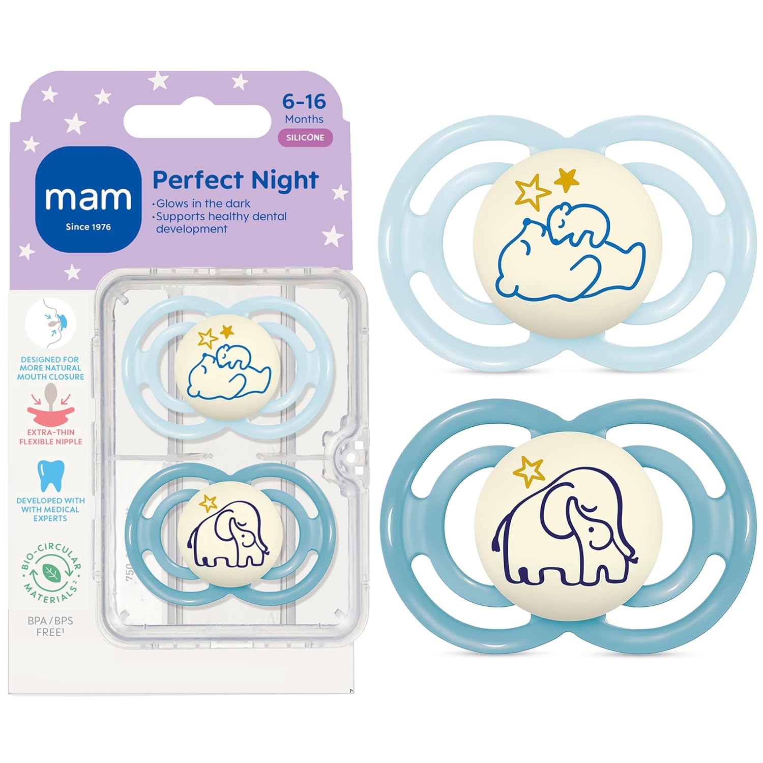 MAM Perfect Baby Pacifier 6-16 Months, Extra Thin Nipple, Developed with Orthodontists, Clinically Proven, Glows in The Dark, BPA-Free Silicone, Pack of 2, Made in Europe