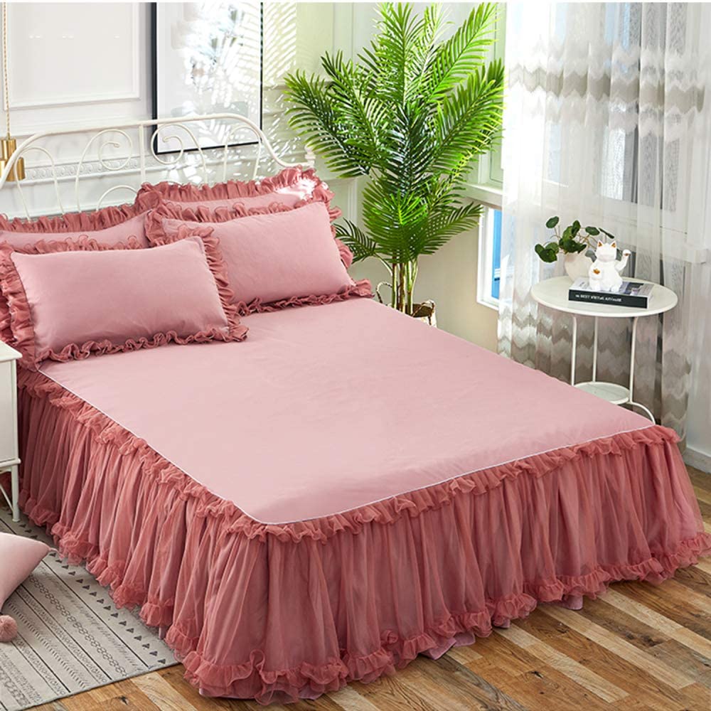 – 3 Piece Ruffle Skirt Bedspread Set King/Twin/Queen Ruffled Fitted Sheet Bed Skirt Bedspread Bedspread Dustproof Ruffle Bedding Collections, Red-200X220CM