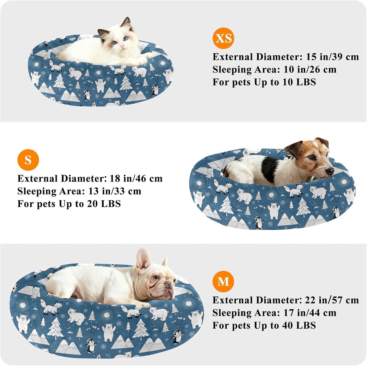 Winter Bear Blue Pattern Dog Bed Round Donut Washable Puppy Cat Bed Small Pet Medium Dog Beds Mat for Pets Supplies with Washable Cover,M