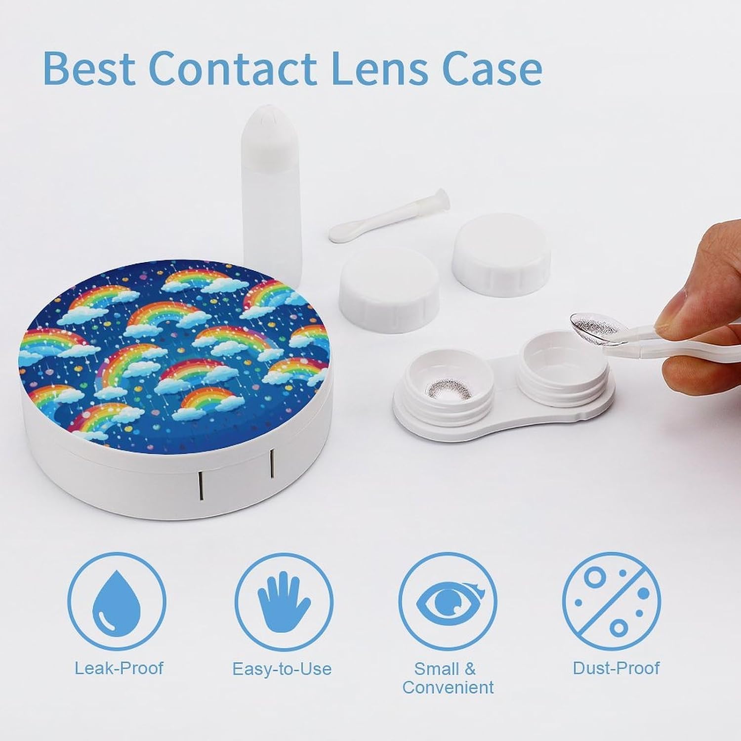 Rainbow Clouds Raindrop Contact Lens Case Portable Contact Lens Applicator Removal Tool Kit Cute Round Eyeglass Cases with Mirror for Daily Vision Care And Outdoor Use