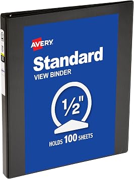 Avery Standard View 3 Ring Binder, 0.5" Round Rings, 1 Black Binder | For School, Home and Everyday Use, Clear View Overlays, Interior Storage Pockets, PVC-Free Cover, Lay-Flat Pages