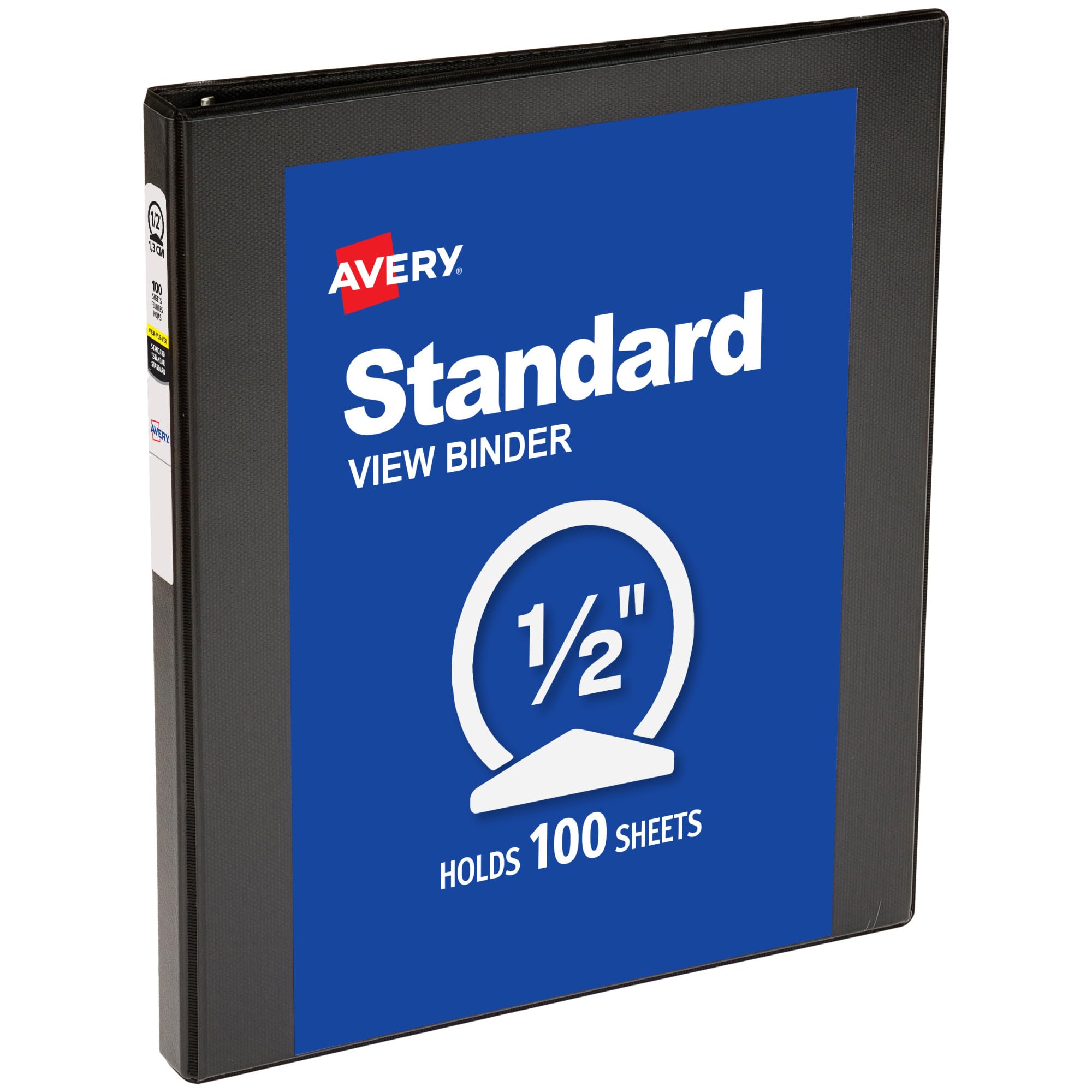 Avery® Standard View 3 Ring Binder, 0.5" Round Rings, 1 Black Binder | For School, Home and Everyday Use, Clear View Overlays, Interior Storage Pockets, PVC-Free Cover, Lay-Flat Pages
