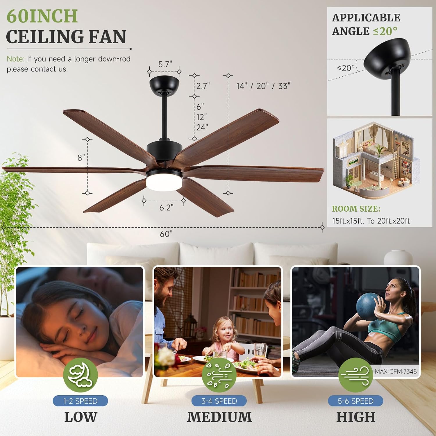 60 Inch Wood Ceiling Fans with Lights Remote, Modern Outdoor Ceiling Fan for Patios, 6 Brown Blades Rustic Farmhouse, Reversible Quiet DC Motor, 5CCT Dimmable Fan for Interior Living Room Bedroom