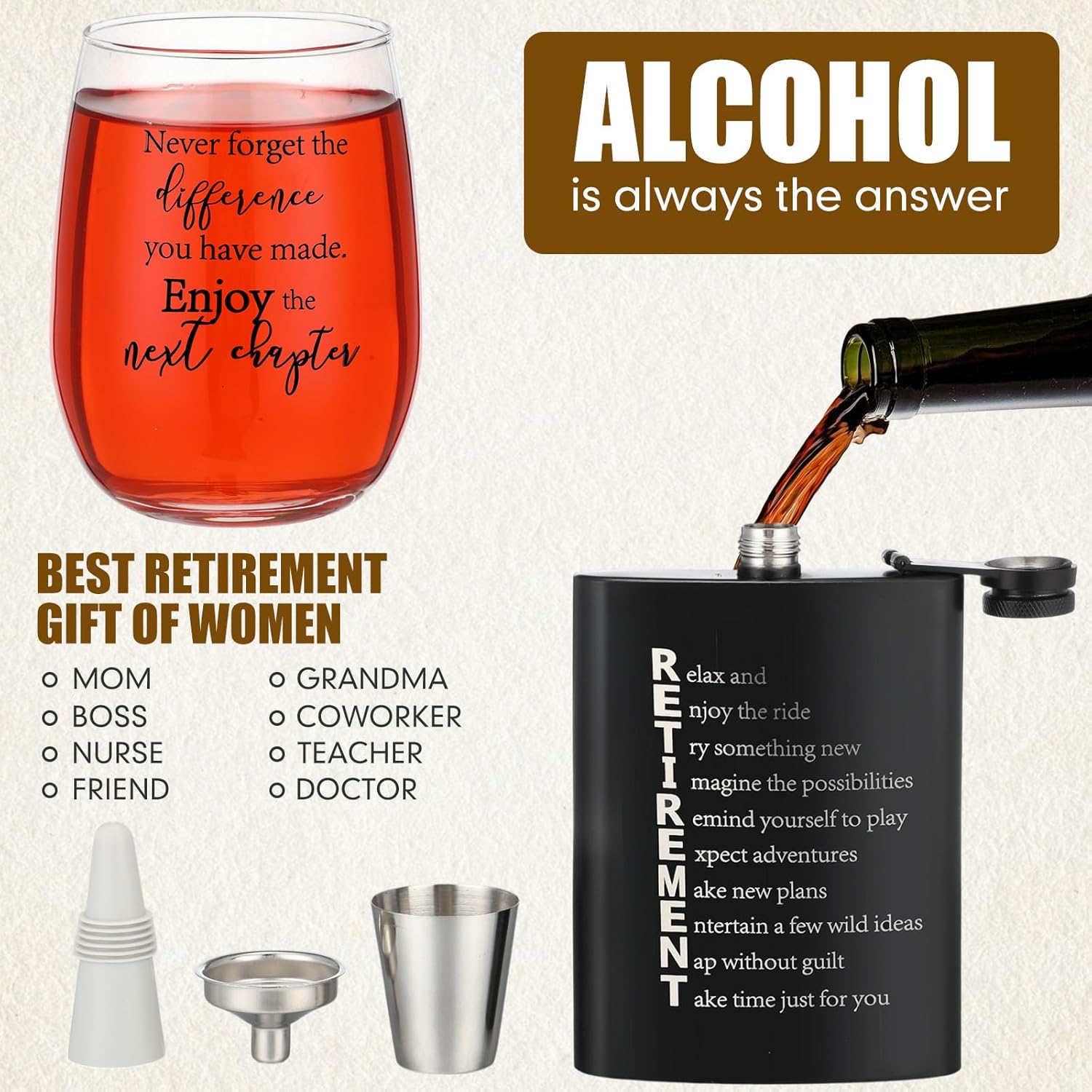 Teenyyou 8 Pcs Retirement Gift for Woman 2026 Happy Retirement Gift for Teacher Red Wine Glass Theme Tote Bag Hip Flask Wine Bag Opener Bottle for Coworkers Staff Friends