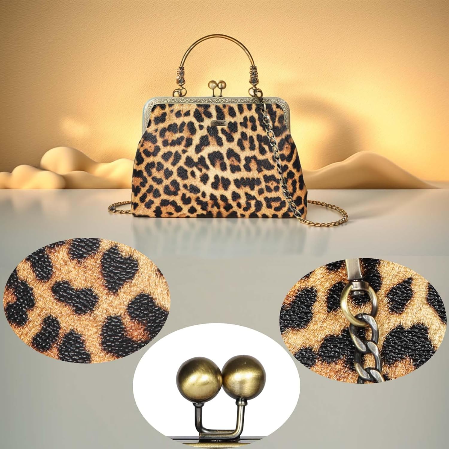 Leopard Print Bag Vintage Purse Leather Kisslock Purses and Handbag for Women Small Cheetah Leopard-print Medium - Image 6