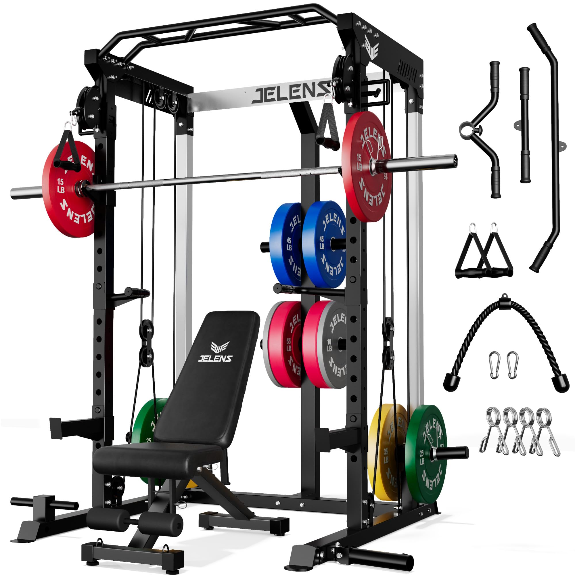 JELENS C21 Power Cage, 2000LBS Multi-Function Power Rack with Independent Dual Pulley System, All-in-One Squat Rack for Cable Crossover, Home Gym Workout Machine