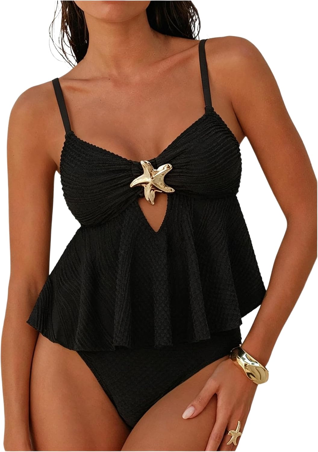 Verdusa Women's 2 Piece Boho Tankini Set Metal Starfish Beaded Peplum Cami Tops and Panty Swimsuit