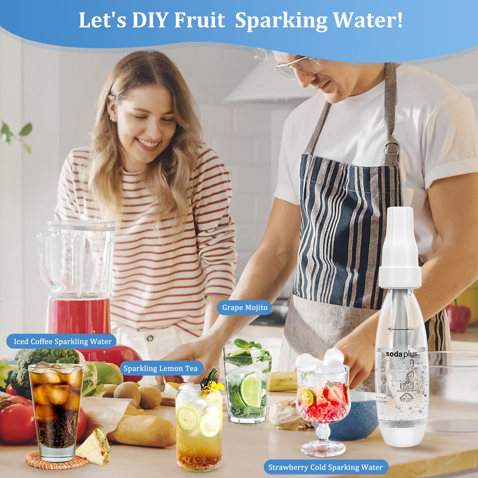 Soda Maker, Sifone per Soda 1L, Soda Siphon Bottle Portatile, Macchina per Bevande Gassate Riutilizzabile, Produttore di Bevande Analcoliche in PET per Succhi di Frutta Fatti in Casa, Mojito, Cocktail