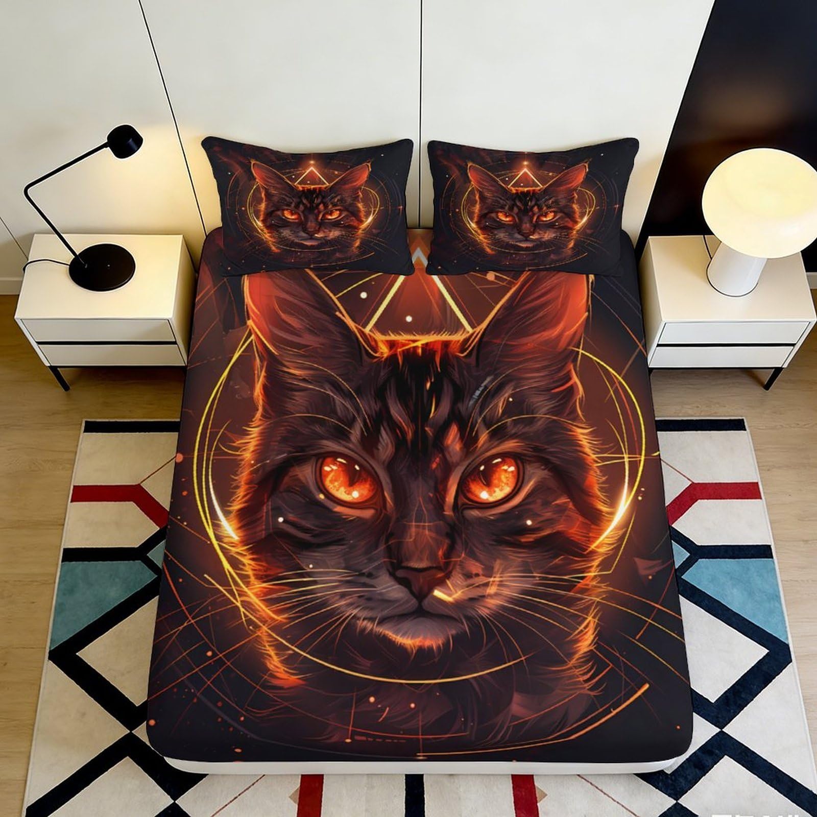 3D Printed Fire Cat Fitted Sheet Microfiber Decorative Orange Cat Bed Cover for Bedroom Dorm Mattress Protection 90x200x25cm