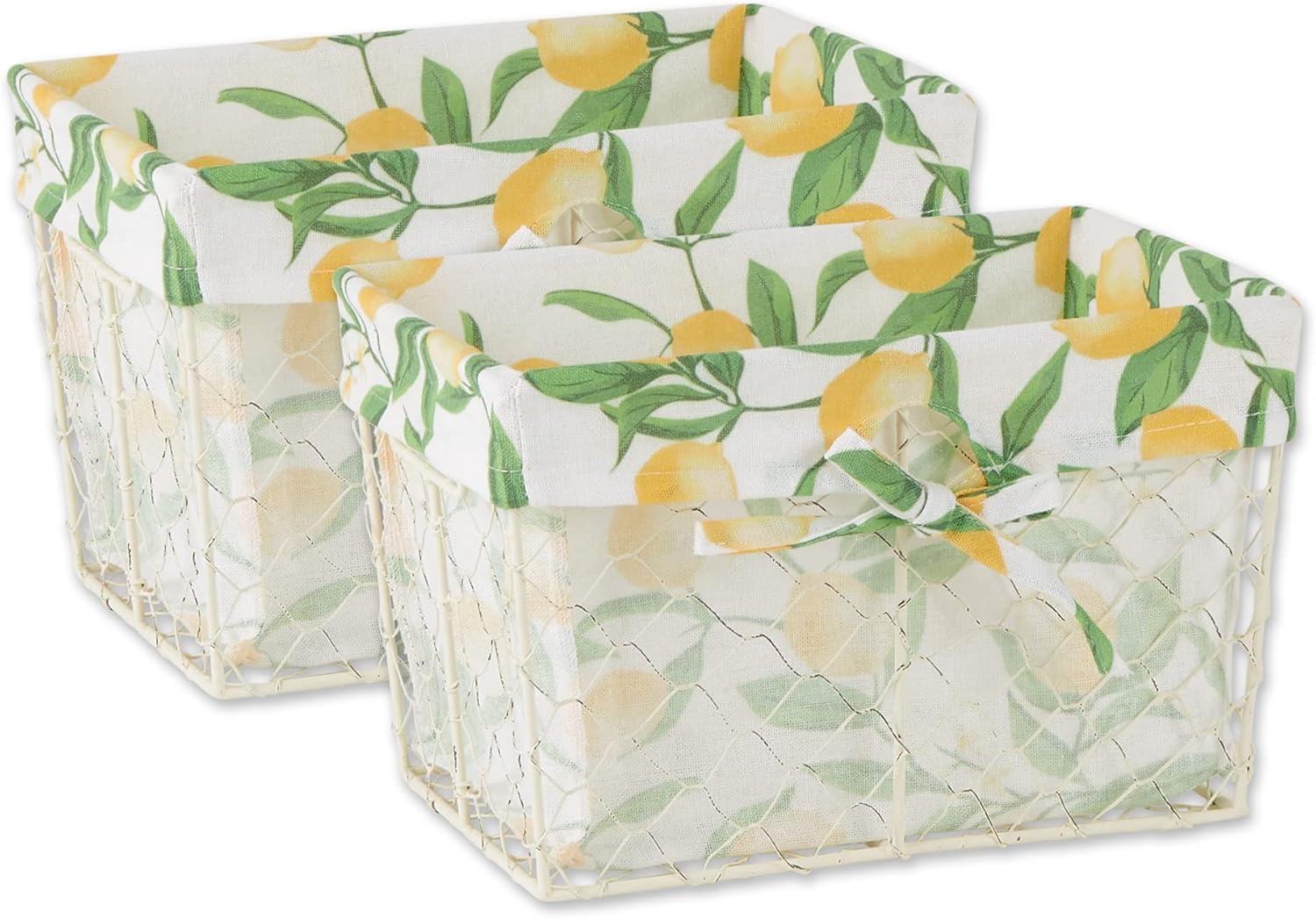 DII Farmhouse Chicken Wire Storage Baskets with Liner, Medium, Antique Lemon Print, 11x7.88x7", 2 Piece