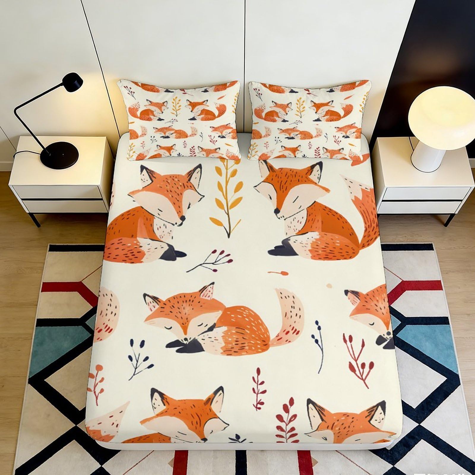 Pnayamiorkfel Style-7 3D Printed Fox Forest Fitted Sheet Microfiber Soft Non-Slip Bed Cover For Bedroom Guest Room Easy Care Decor, Nature Leaf Pattern 90X200x25cm