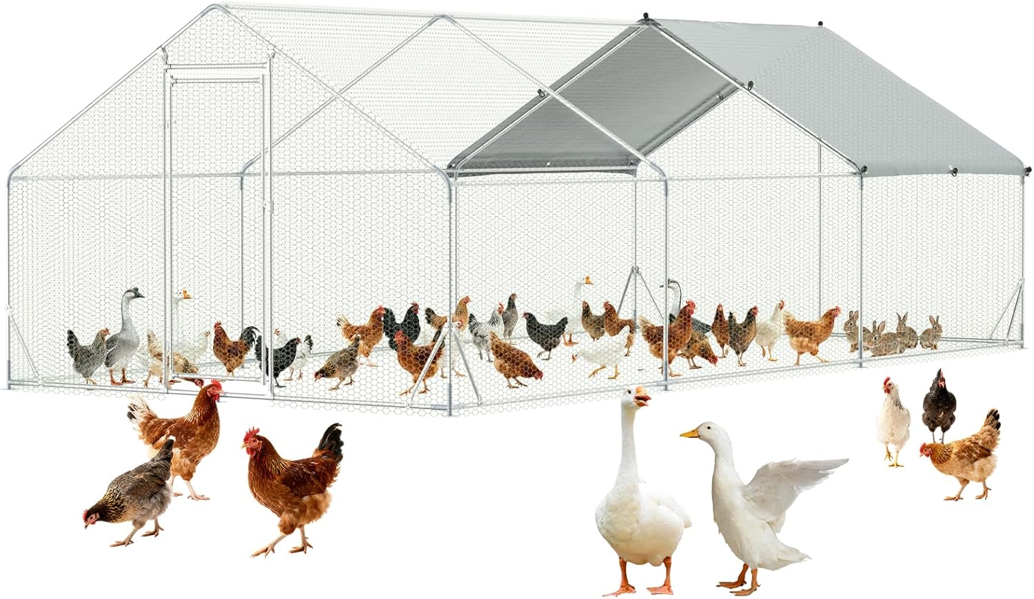 Large Metal Chicken Coop,10x20 FT Walk in Chicken Runs with Cover for 30 Chickens,Hen House Enclosure with Security Lock, Outdoor Duck Rabbit Cage Poultry Pens for Backyard,Farm,Yard