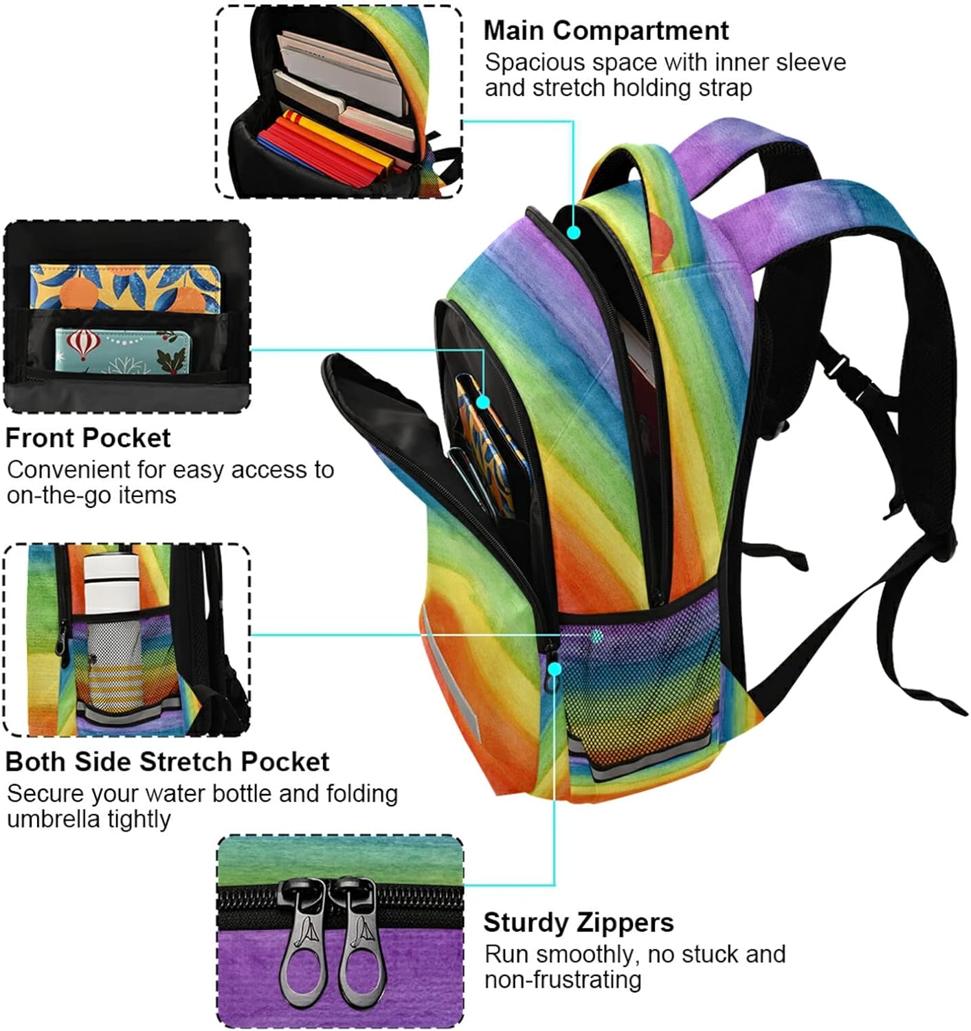 Eionryn Colorful Striped Rainbow Backpack Laptop Backpacks Book Bags Water Resistant Daypack Durable College Shoulder Bag Sports Travel Day Pack