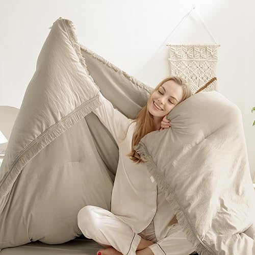 Miniatura 2 de Andency - Juego de edredón con borlas color avena, tamaño California King, 3 piezas. Juego de edredón ligero con borlas estilo bohemio, de felpa