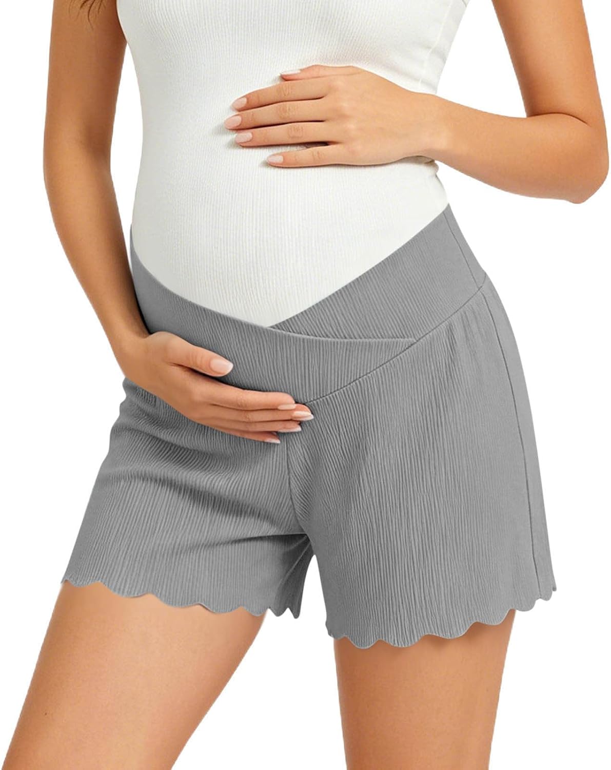 Women's Ribbed Shorts Stretchy Maternity's Over Belly Scallop Hem Bump | Lounge Summer Support Soft Pregnancy Bottoms Shorts