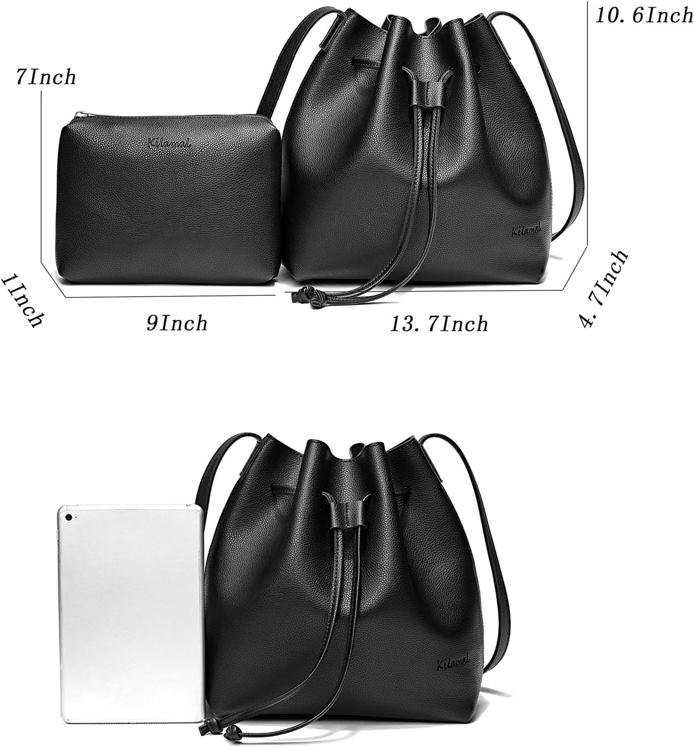 Bucket Bags for Women, Drawstring Bucket Purses 2 Pieces Sets Small Crossbody Purse with Cosmetic Makeup Bags - Image 3