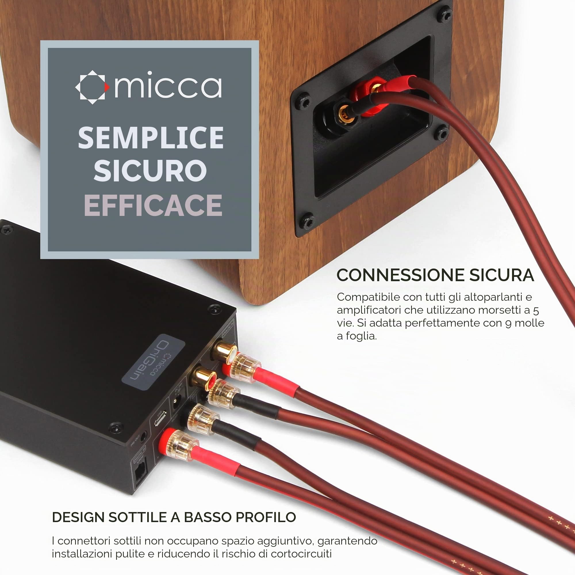 Cavi Per Altoparlanti Micca Calibro 12 – Rame Puro, 2 Metri A Coppia, Connettori Banana Placcati Oro, 400 Fili, Per Stereo E Home Theater