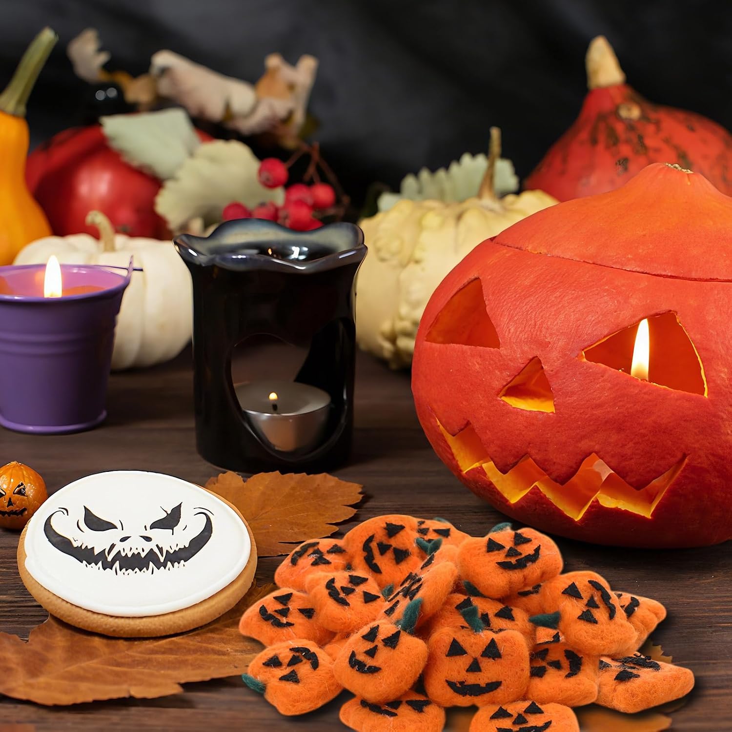Hillsuren 24 Pcs Halloween Felt Pumpkin Wool Felt Ball Garland Spooky Decor