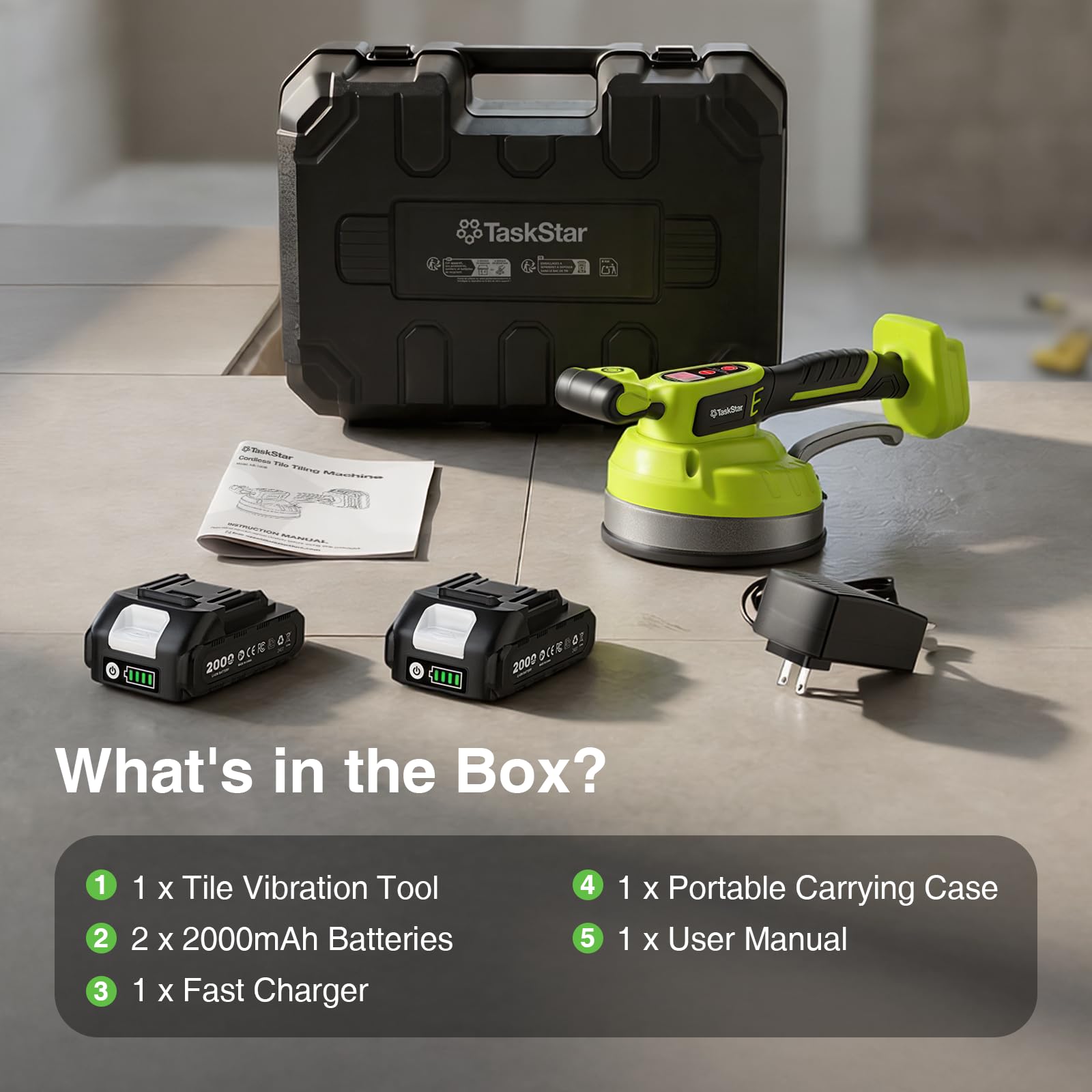 Taskstar Vibratore per piastrelle, compatibile con batteria Makita 18V, ventosa 160 mm (113 kg), 26.000 giri/min, 12 velocità, per piastrelle grandi fino a 122 cm, attrezzo installazione professionale
