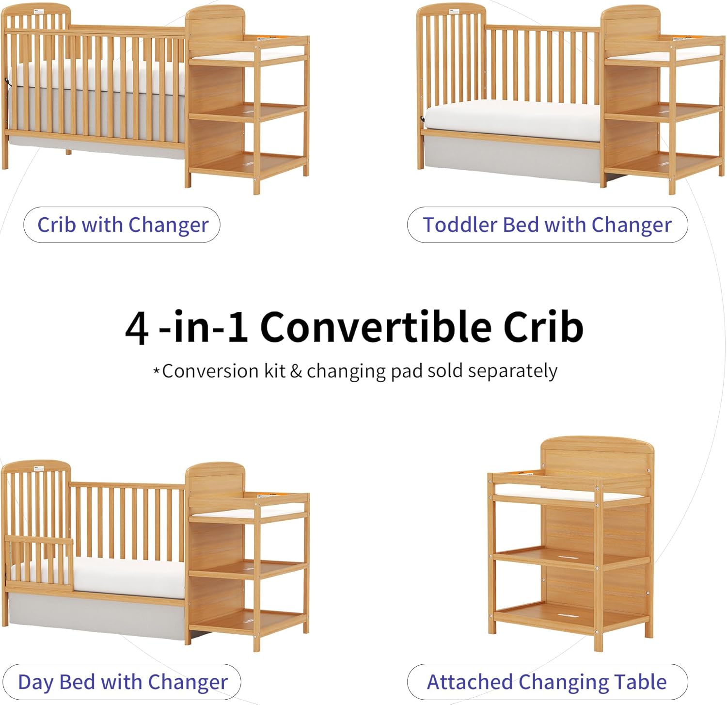 4-in-1 Convertible Baby Crib with Changing Table Combo, Wooden Full Size Nursery Crib Turns into Toddler Bed and Daybed, 4 Adjustable Heights, Non-Toxic Finishes (Natural)