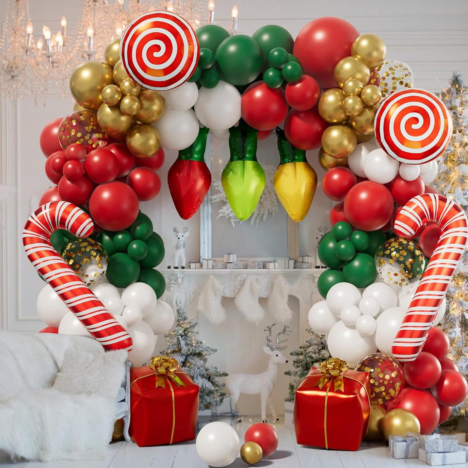 153PCS Christmas Balloon Garland Arch kit with Red Green White Candy Cane Xmas Gift Box Foil Red Cane Balloons for Christmas Party Decorations - Image 3