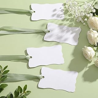 100 Pcs Wavy Edge Irregular Name Place Card for Table Setting, Blank Wedding Table Place Cards with Satin Ribbon, Hang Name Tags Handmade DIY Blessing Cards for Wedding Birthday Party(Green)