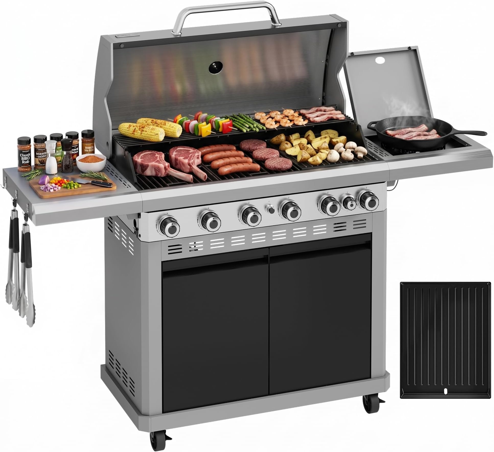Heavy Duty 6 Burner Gas BBQ Grill Griddle Combo w/Side Burner