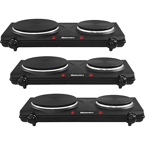 Elite Gourmet EDB-302BF Countertop Double Cast Iron Burner, 1500 Watts Electric Hot Plate, Temperature Controls, Power Indicator Lights, Easy to Clean, Black (Pack of 3)
