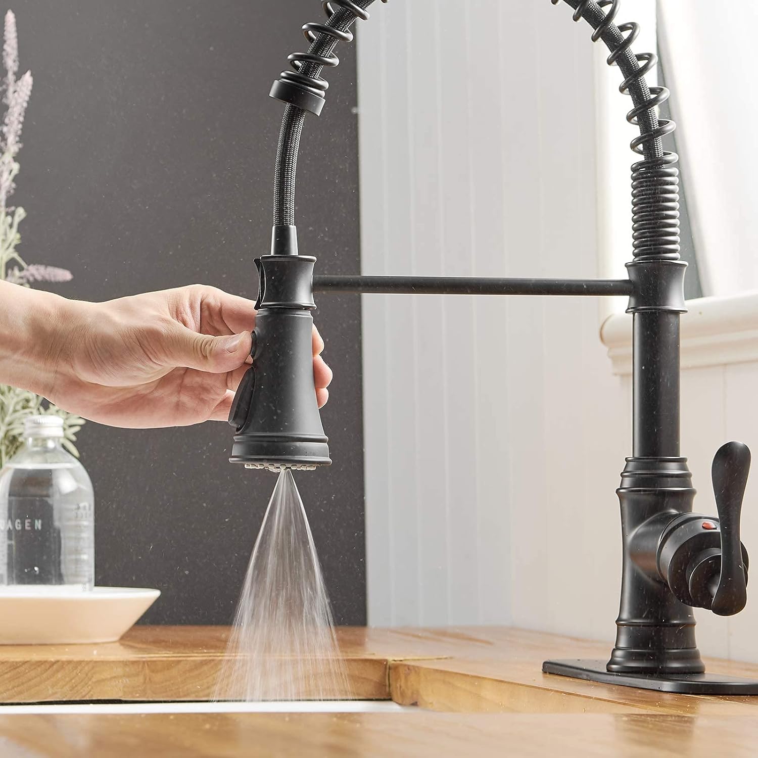 Black Kitchen Faucet with Pull Out Sprayer 3 Spray Modes Single Handle High Arc Bundle Waterfall Bathroom Faucet Matte Black Single Handle