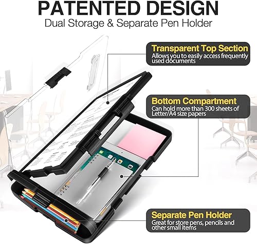 Miniatura 2 de Sooez - Portapapeles original con 2 compartimentos y portabolígrafos, pizarras con clip de alta resistencia, doble compartimento, portapapeles de