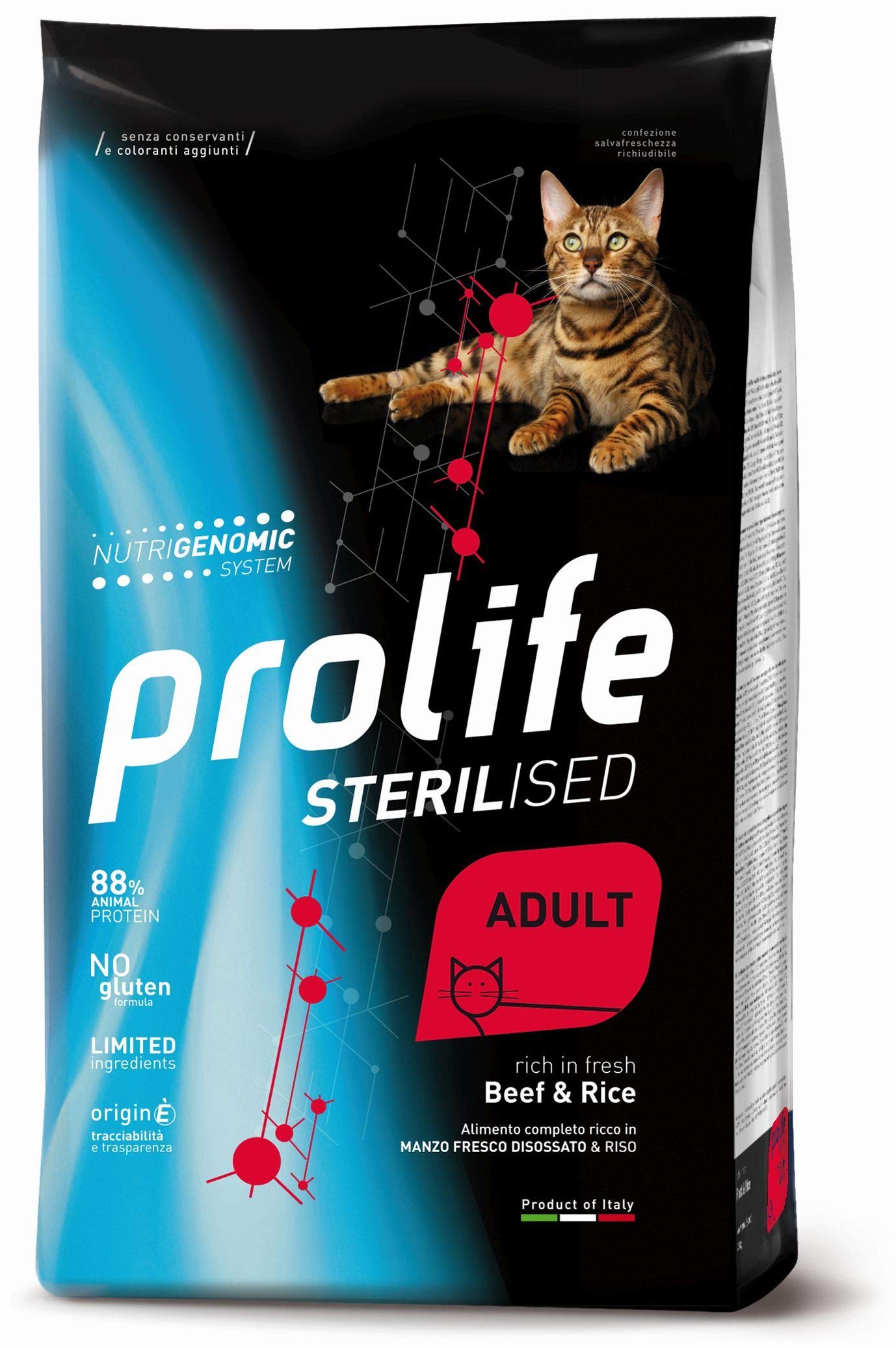 Gatto Prolife Sterilised Grainfree Adult, Manzo e Riso, alimento secco completo per gatti sterilizzati di tutte le taglie,senza cereali,confezione da 1,5 Kg.