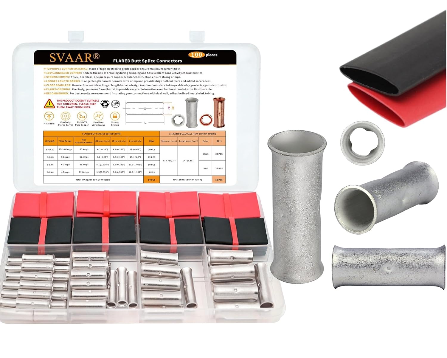 100 PCS 4-12 Gauge Tinned Copper Flared Barrel Butt Splice Connectors Kit + 16 PCS 2 AWG Tinned Copper Butt Connectors
