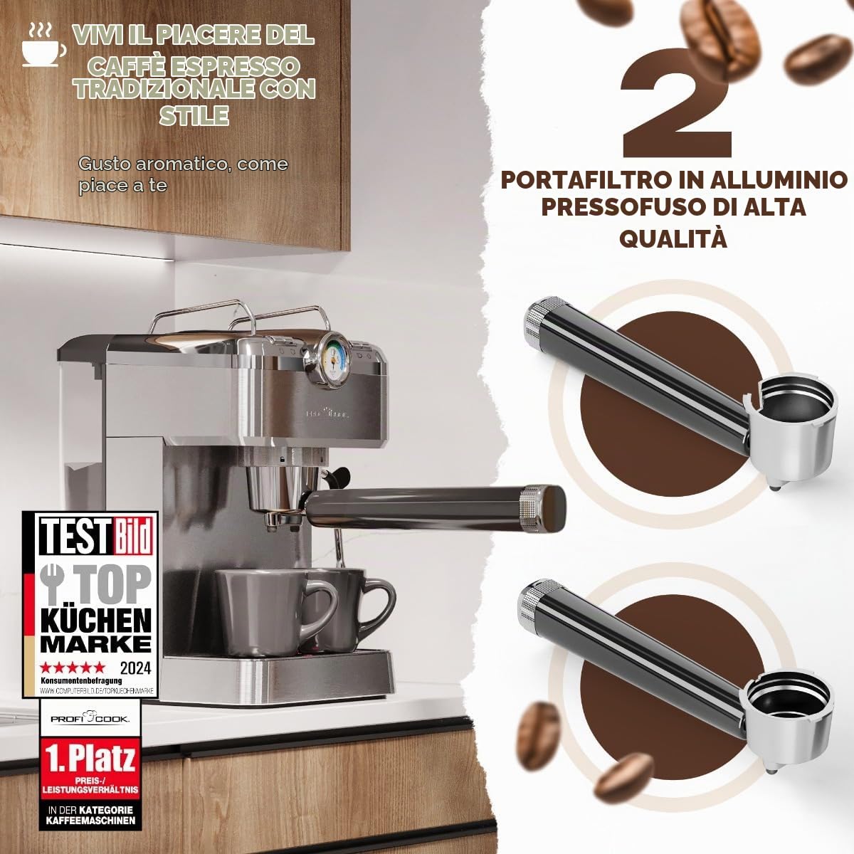 Profi Cook Macchina per espresso ProfiCook® | portafiltro | pompa per espresso professionale italiana | 20 bar | per caffè in polvere e capsule compatibili Nespresso | macchina per caffè | PC ES 1267