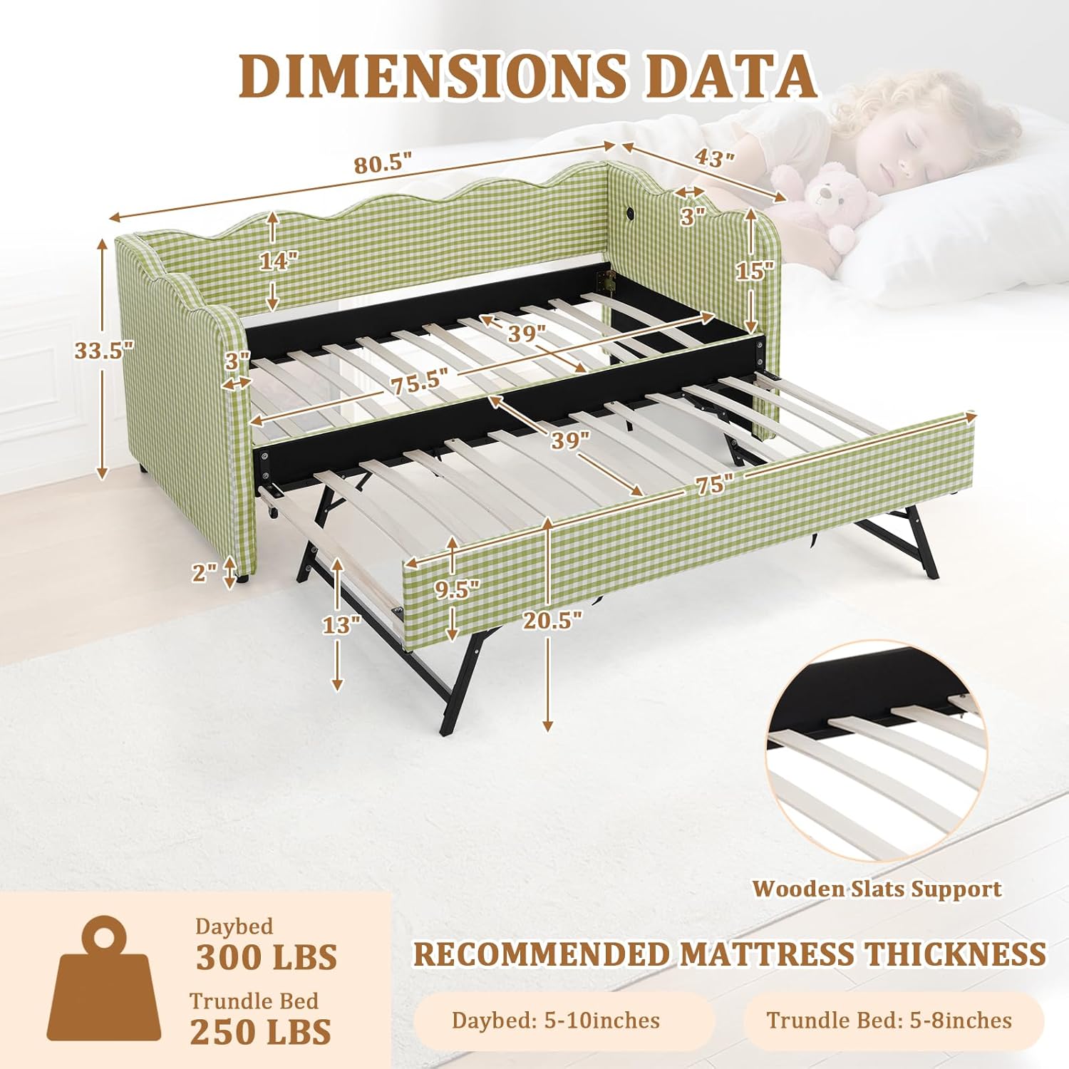 Twin Size Gingham Daybed with Trundle, Upholstered Linen Day Bed Frame with USB Ports & Wave-Shaped Backrest, Modern Sofa Bed for Living Room, Bedroom, Guest Room, No Box Spring Needed(Green)