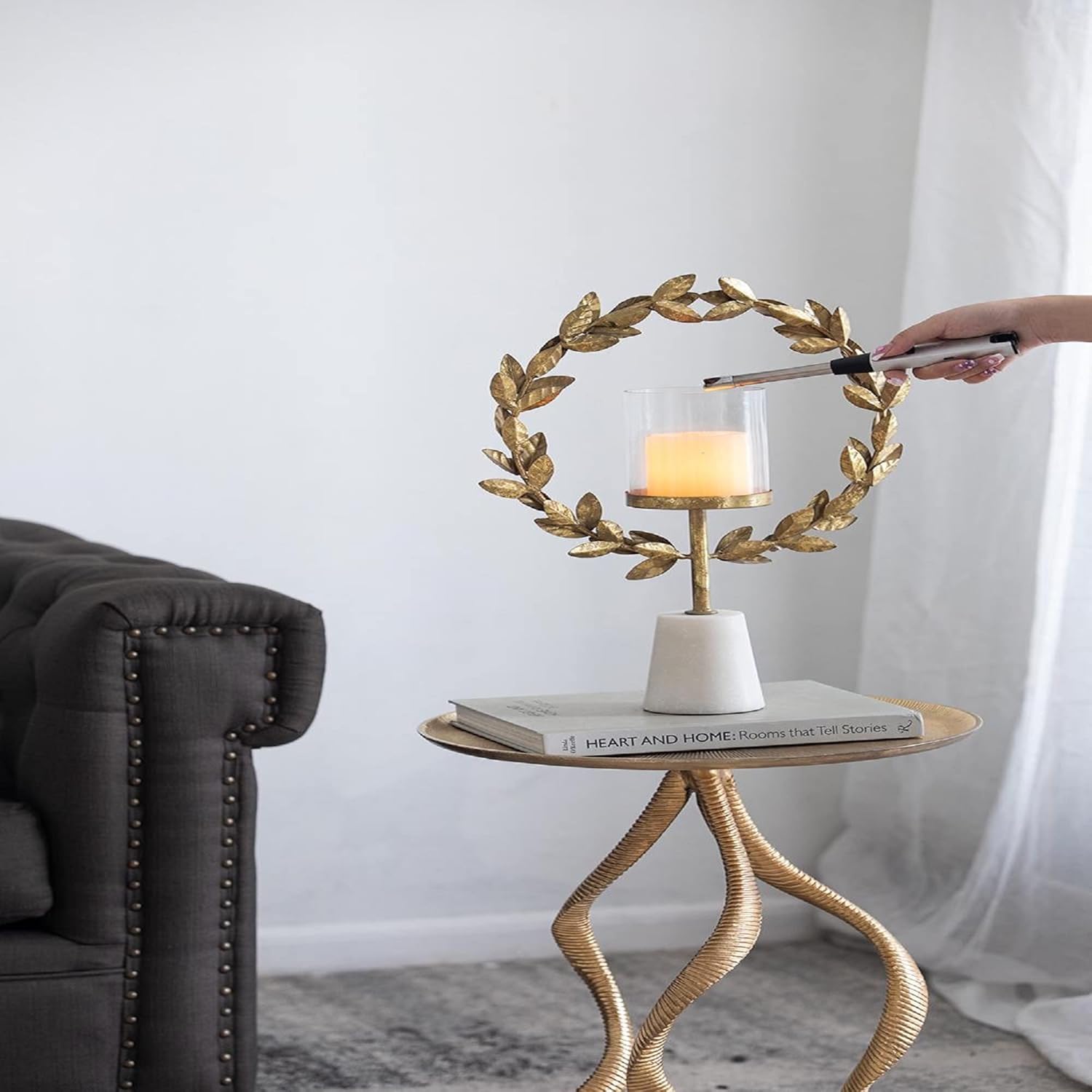 A & B Home 19.7 in H Gold and White Iron/Marble/Glass Floral Hurricane with Marble Base, Home Accent Décor